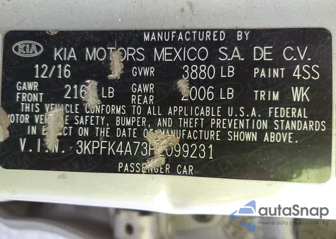 2017 Kia Forte Lx z USA, uszkodzony, nr VIN 3KPFK4A73HE099231